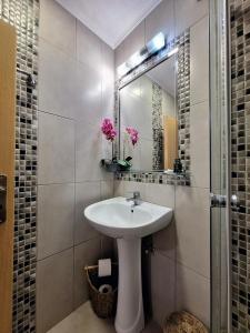 a bathroom with a sink and a mirror at Meltemaki in Mouzákion +19 photos