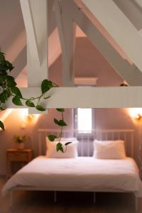 a bedroom with a white bed with a plant above it at KROOST in Lokeren