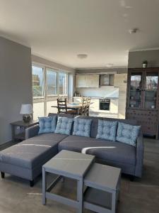 a living room with a blue couch and a kitchen at Nike -barrierearm- in Burg auf Fehmarn