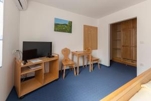 a room with a television and a desk and chairs at Turistična kmetija Protner in Pernica