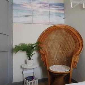 una sedia in rattan in una stanza con una pianta in vaso di El Rincón de Baco ad Alesanco