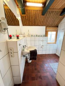 La salle de bains est pourvue d'un lavabo et de toilettes. dans l'établissement Alleinlage, eingezäunt, Hunde Willkommen, WLAN, Sauna, Kamin, à Dornum