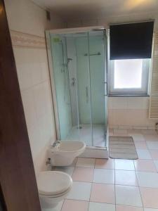 La salle de bains est pourvue de toilettes et d'une douche en verre. dans l'établissement Beautiful, renovated fully self contained room, à Bruxelles