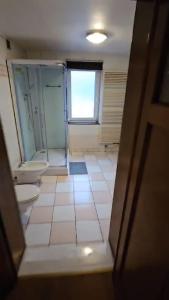 a bathroom with two toilets and a shower and a window at Beautiful, renovated fully self contained room in Brussels