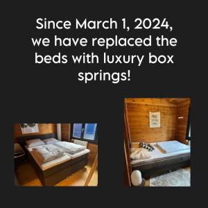 un collage de dos camas en una habitación con las palabras desde marzo en FINS Holiday Home, en Ermelo