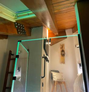リアルプにあるCAL DOMÈNEC - Dúplex lujo en Rialp ( Se admiten mascotas)の木製の天井の客室で、ガラス張りのシャワーが備わります。