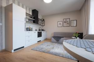 GRAY APARTMENT في بانسكا بيستريتسا: غرفة معيشة مع أريكة ومطبخ