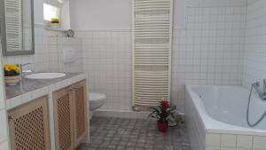 uma casa de banho com uma banheira, um WC e um lavatório. em Wohnung am Rhein, 20 Minuten von Bonn/ 45 Minuten von Köln. Möbliert perfekt für Wochenendfahrer/in em Königswinter