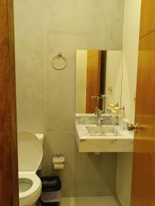 a bathroom with a sink and a toilet and a mirror at "La serena" in Luque