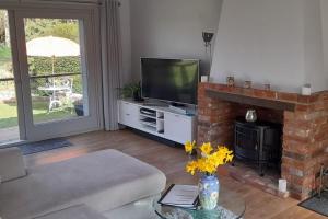 a living room with a fireplace and a television at Owlhoot Annexe in Sudbury