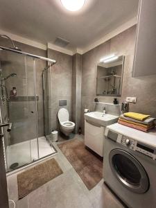 y baño con ducha y lavadora. en Apartmán A3 Kašperky Slunný moderní apartmán na horách en Kašperské Hory