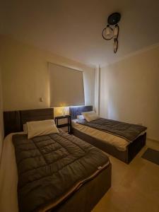 een slaapkamer met 2 bedden, een lamp en een raam bij Joe Excellence Residence in Caïro