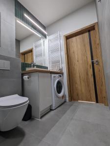 a bathroom with a toilet and a washing machine at Łódź centrum Kawalerka w śródmieściu in Łódź