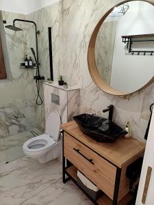 a bathroom with a sink and a toilet and a mirror at Bella Casa - ApartHotel in Dej