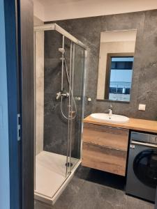 a bathroom with a shower and a sink at APARTAMENTY Z MORZA I MARZEŃ in Gdynia