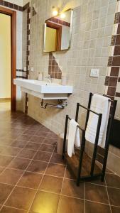 un bagno con lavandino, specchio e asciugamani di Casa il Frutteto Pompei a Pompei