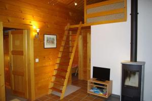 a room with a bunk bed with a ladder and a television at Le Bouvreuil Zinal, le VRAI petit chalet de vacances! in Zinal
