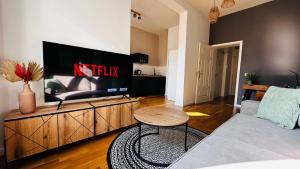 ein Wohnzimmer mit einem Sofa und einem TV in der Unterkunft Apartment FAUNA in Halle an der Saale in Halle an der Saale
