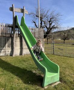 a child is sliding down a green slide at Ferienhaus Spycher im Emmental in Lützelflüh