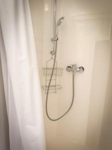 a shower in a bathroom with a shower curtain at Ferienhaus Spycher im Emmental in Lützelflüh +13 photos