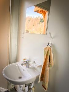 a bathroom with a sink and a mirror at Ferienhaus Spycher im Emmental in Lützelflüh