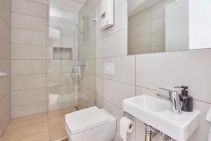 un bagno con wc, lavandino e doccia di Penthouse Palais Mosel a Traben-Trarbach Altre 20 foto