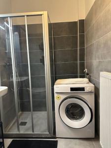 een wasmachine in een badkamer met een douche bij Serenity Residence in Den Haag