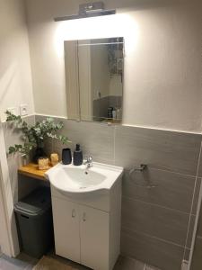 a bathroom with a white sink and a mirror at Harmony Apartman BB in Banská Bystrica