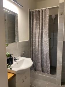 y baño con cortina de ducha y lavamanos. en Harmony Apartman BB en Banská Bystrica