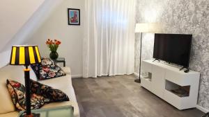TV a/nebo společenská místnost v ubytování Weinstock - klimatisierte Ferienwohnung mit Sonnenterrasse