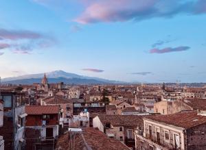 a city with buildings and a mountain in the background at Follow The Sun Catania - Rooftop Terrace in Catania