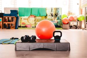 een fitnessruimte met een grote oranje bal en gewichten bij Toison D'or in Saint-Tropez
