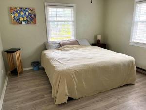 a bedroom with a bed with a white comforter and two windows at Sweet Sunny Summit House in Greensboro