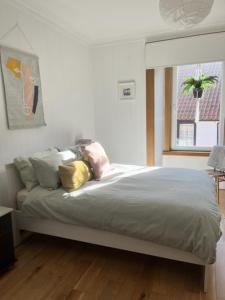 a bedroom with a bed with pillows and a window at East Nook in Anstruther