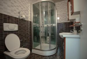 y baño con ducha, aseo y lavamanos. en Hotel Denis en Pristina