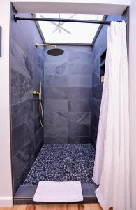 baño con ducha con pared azul en Tranquility Luxe Dome - Hot Tub & Luxury Amenities en Swiss