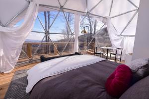 Cama en habitación con ventana grande en Tranquility Luxe Dome - Hot Tub & Luxury Amenities, en Swiss
