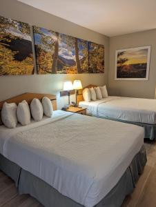 two beds in a hotel room with paintings on the wall at Days Inn & Suites by Wyndham Castle Rock in Castle Rock