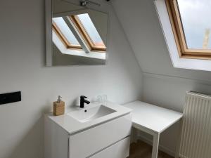 La salle de bains est pourvue d'un lavabo et d'un miroir. dans l'établissement D 28, à Bruges