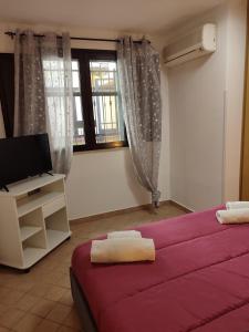 a bedroom with a bed and a tv and a window at Le Case del Cortile in Catania