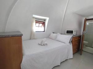 um quarto com uma cama branca e um micro-ondas em Cabana Lagoeiro Tucuns em Búzios