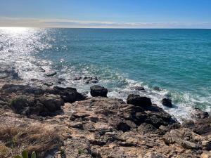 uma vista para o oceano a partir de uma praia rochosa em Apartment Raco em Barcelona