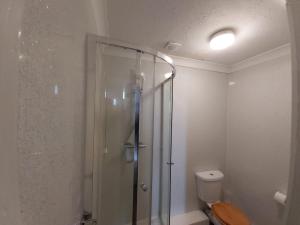 Channel View Hotel في سانداون: حمام مع دش زجاجي مع مرحاض