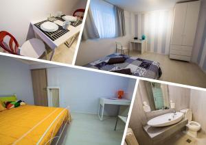2 Bedrooms Apartment close to metro Dafni in Athens في أثينا: ملصق بثلاث صور لغرفة نوم وسرير