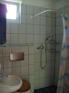 a bathroom with a shower and a toilet and a sink at Ferienhaus Hartmann in Hévíz