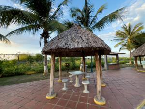 a picnic area with a bench and a straw hut at Tucacasposadas in Tucacas