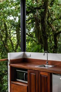 a kitchen counter with a sink and a window at Sueño Río Celeste Boutique B&B in Bijagua