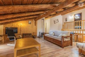 a living room with a couch and a fireplace at Gîte Le Tsozal in Aussois