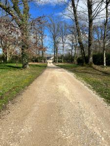 un camino de tierra con árboles a ambos lados. en Château de Crènille, en Chaumes-en-Brie