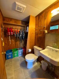 uma casa de banho com um WC e um lavatório em Little Red Wing 50s Lake Cabin em Bradford